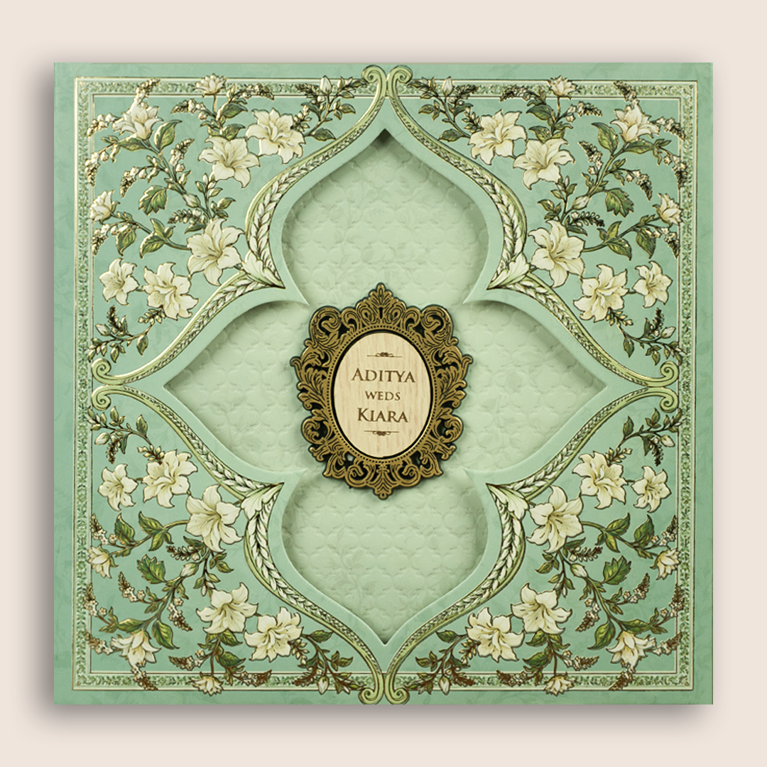 Green Floral Laser Cut Padded Wedding Invitation - KFR17460