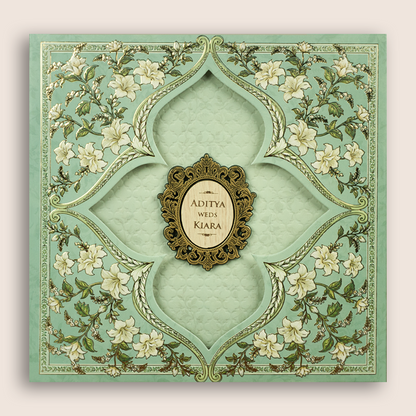 Green Floral Laser Cut Padded Wedding Invitation - KFR17460