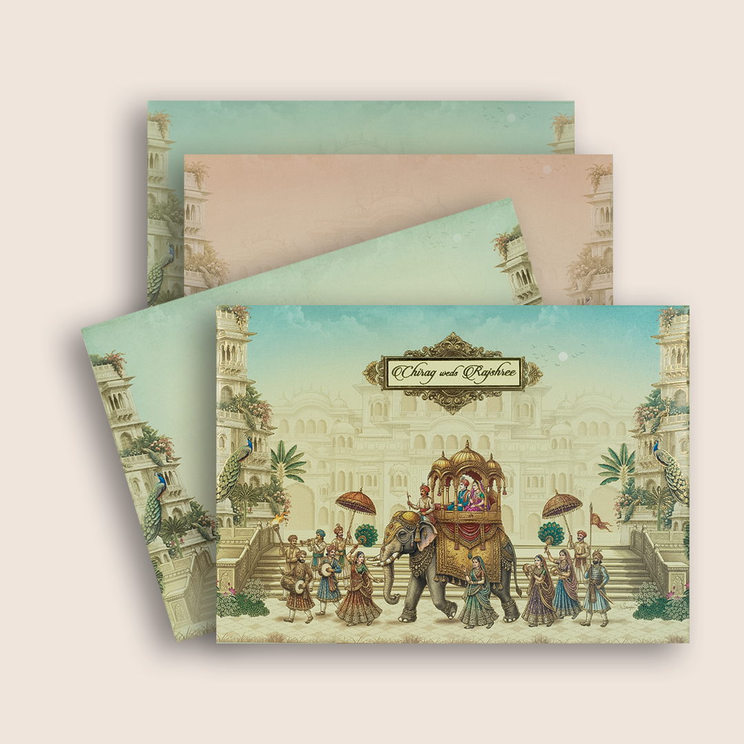 Cream Royal Elephant Baraat Padded Invitation Card - KAA06120