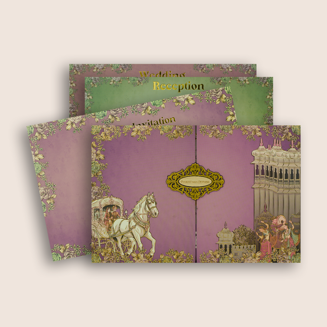 Purple Royal Baraat Padded Door Style Wedding Card -KJTS1828