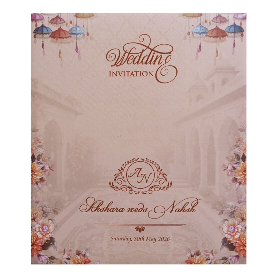 Cream Umbrella Floral Door Wedding Invitation Card - KVN07630