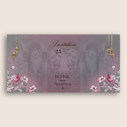 Purple Floral Embossed Padded Marriage Invitation - KVN07810