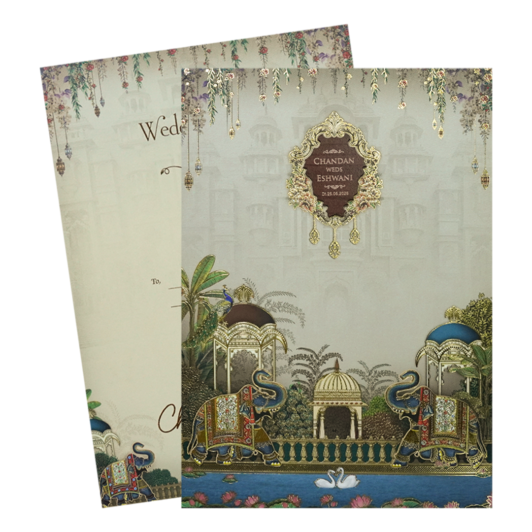 Grey Royal Elephant Padded Wedding Card-KSH72530