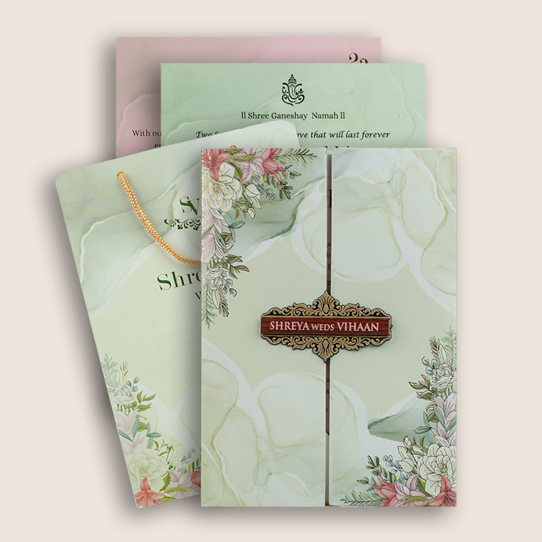 Green Floral Padded Door Style Marriage Card - KVN05660