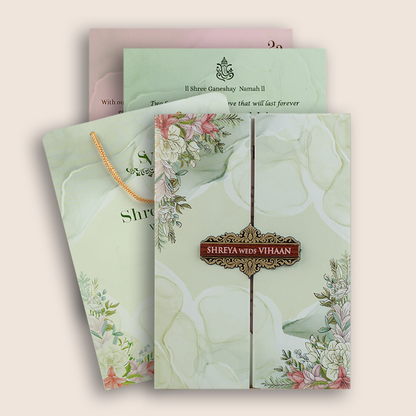 Green Floral Padded Door Style Marriage Card - KVN05660