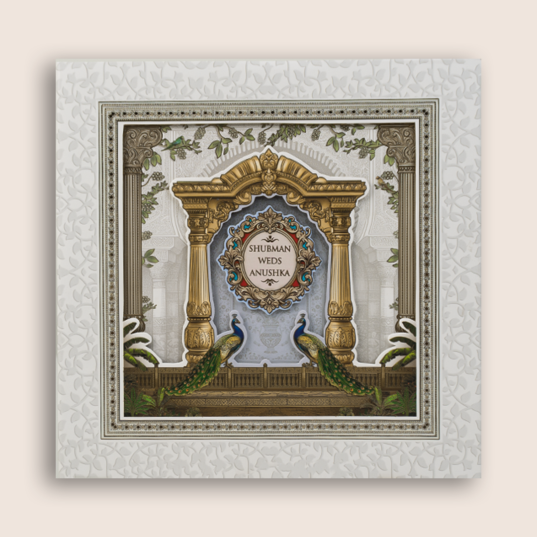 White Peacock Laser-Cut Padded Wedding Card - KRB10620