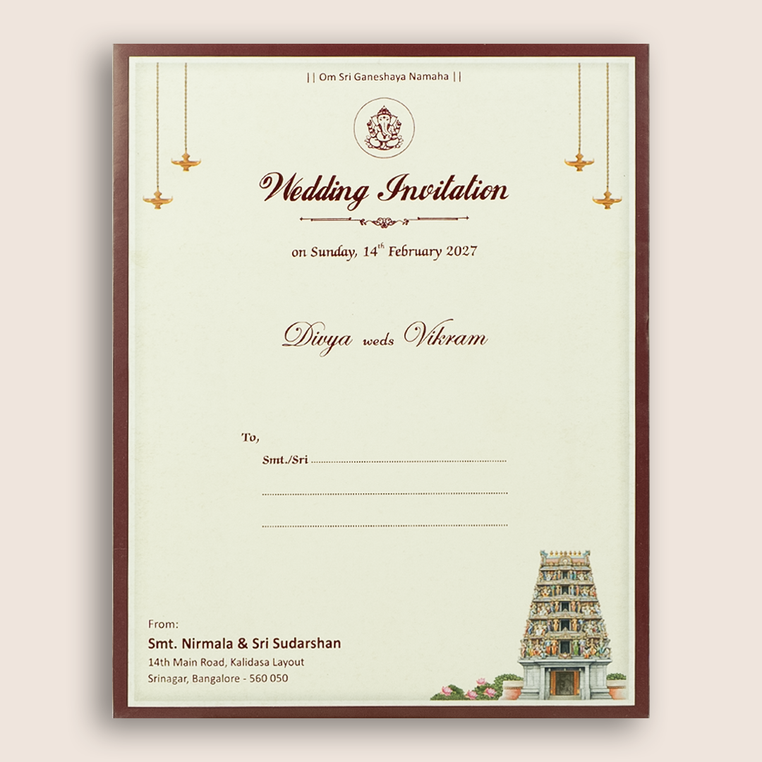 Maroon Vaishnava Tilak Balaji Padmavathi Wedding Card - KNKJ1168