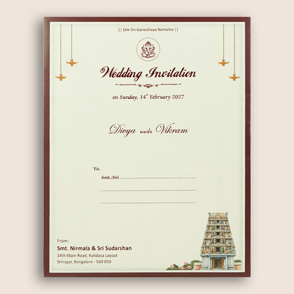 Maroon Vaishnava Tilak Balaji Padmavathi Wedding Card - KNKJ1168