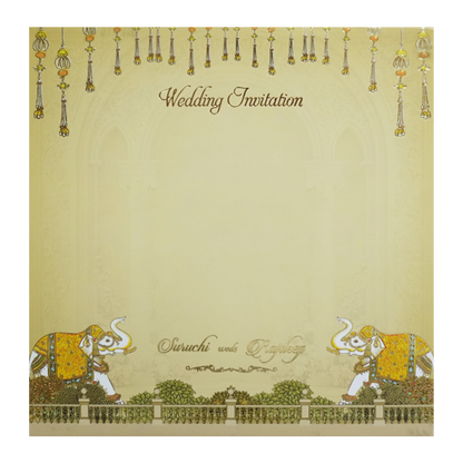 Yellow Cream Embossed Laser Cut Padded Wedding Card-KMMEX8180