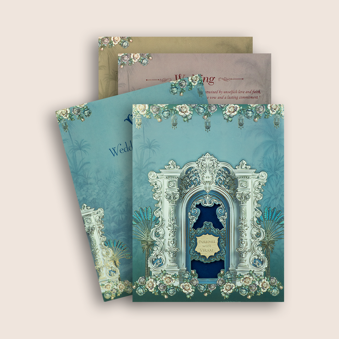 Blue Padded Floral Palace Wedding Card - KVN08010