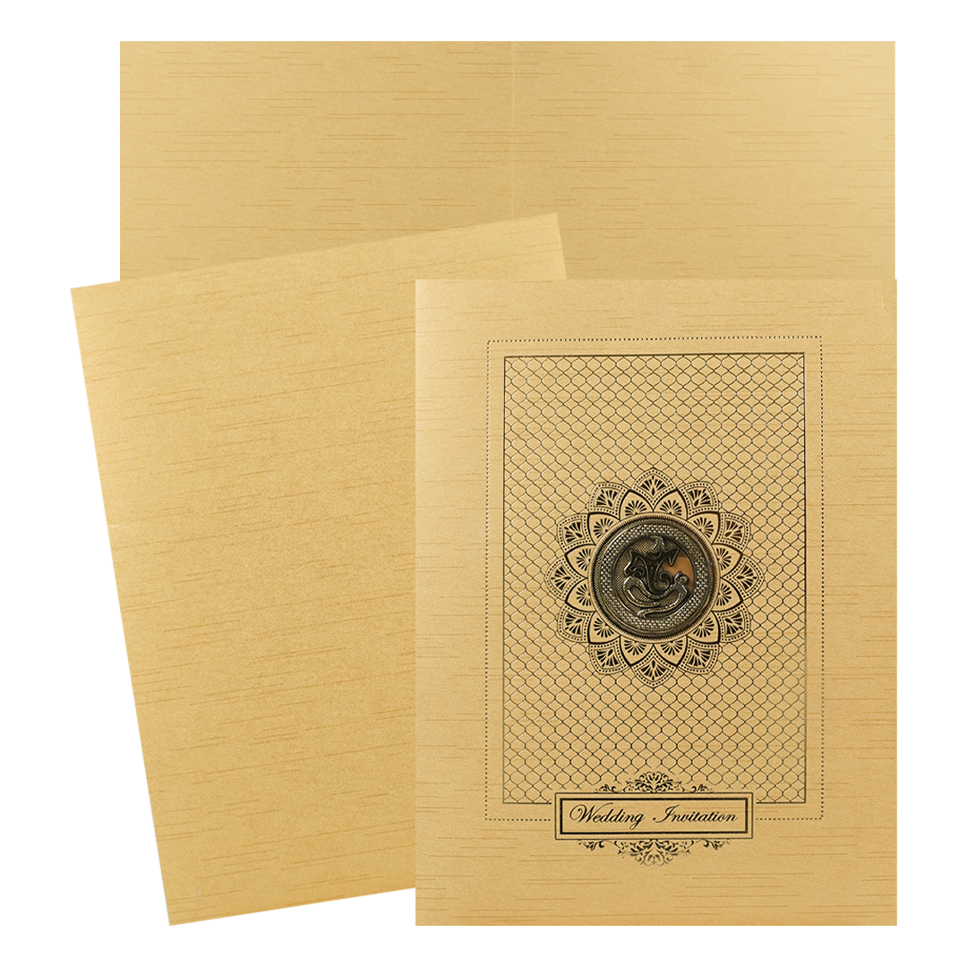 Gold Ganesha Lotus Embossed Wedding Card-KNRM7085G