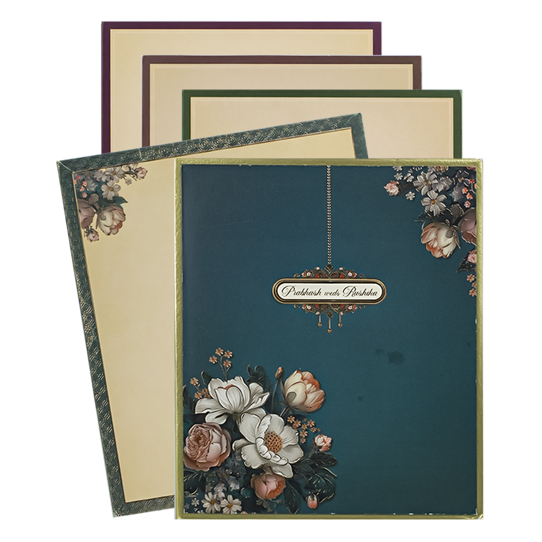 Blue Padded Floral Wedding Card-KAK01640