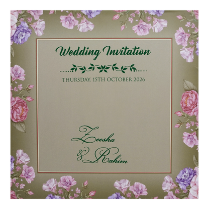 Green Floral Golden Wood Acrylic Padded Wedding Card - KVN07520