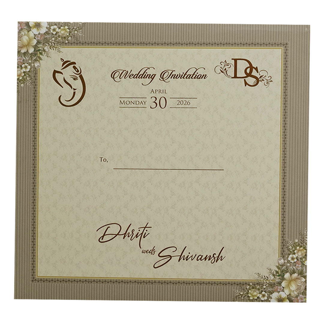 Beige &amp; Green Floral Padded Wedding Card-KSH72690