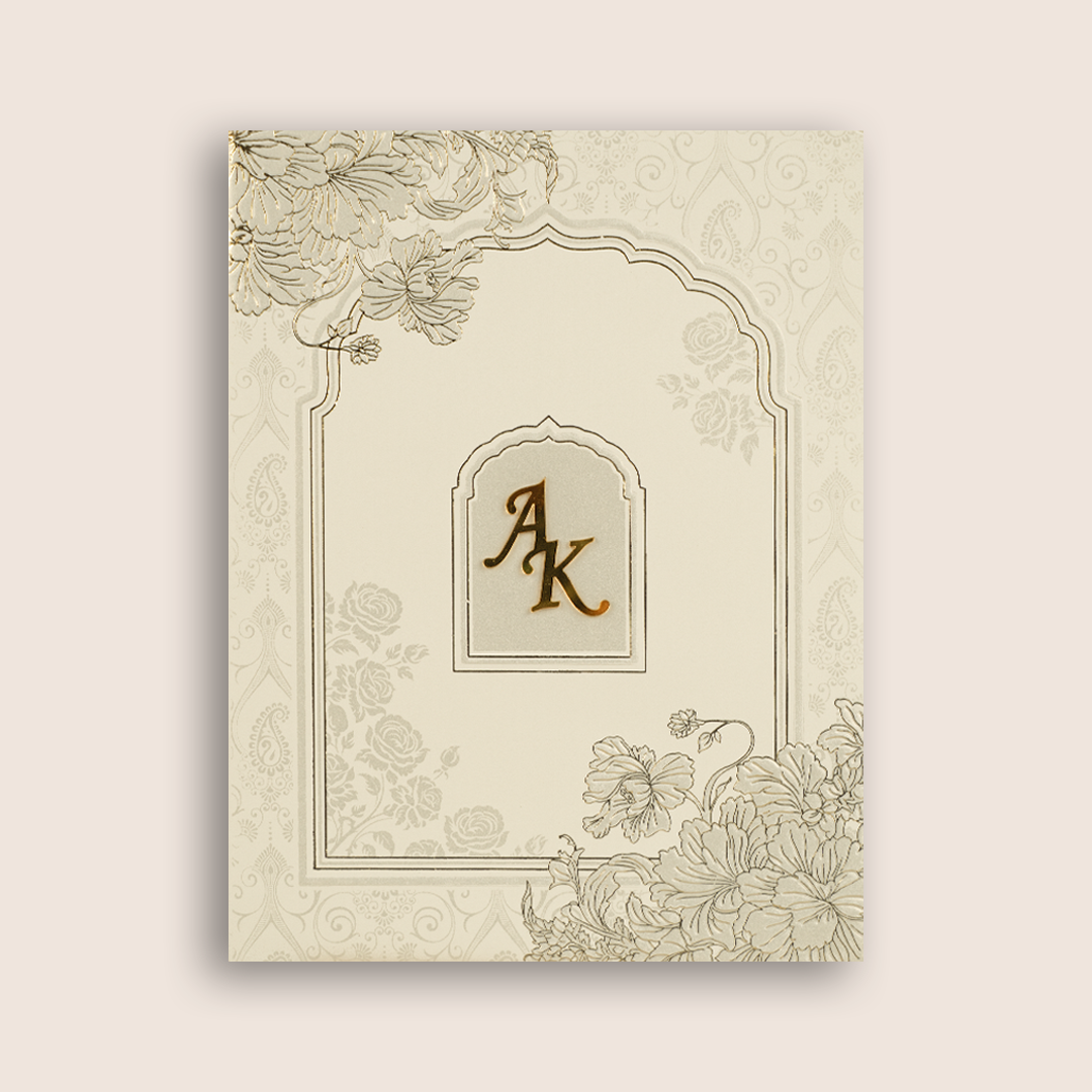 Beige Embossed Floral Padded Wedding Card - KPR010210