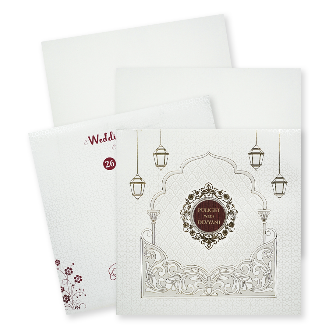 White Arch Lantern Padded Wedding Card-KJTS1856