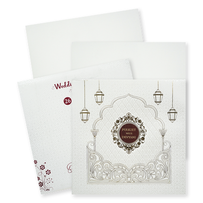 White Arch Lantern Padded Wedding Card-KJTS1856