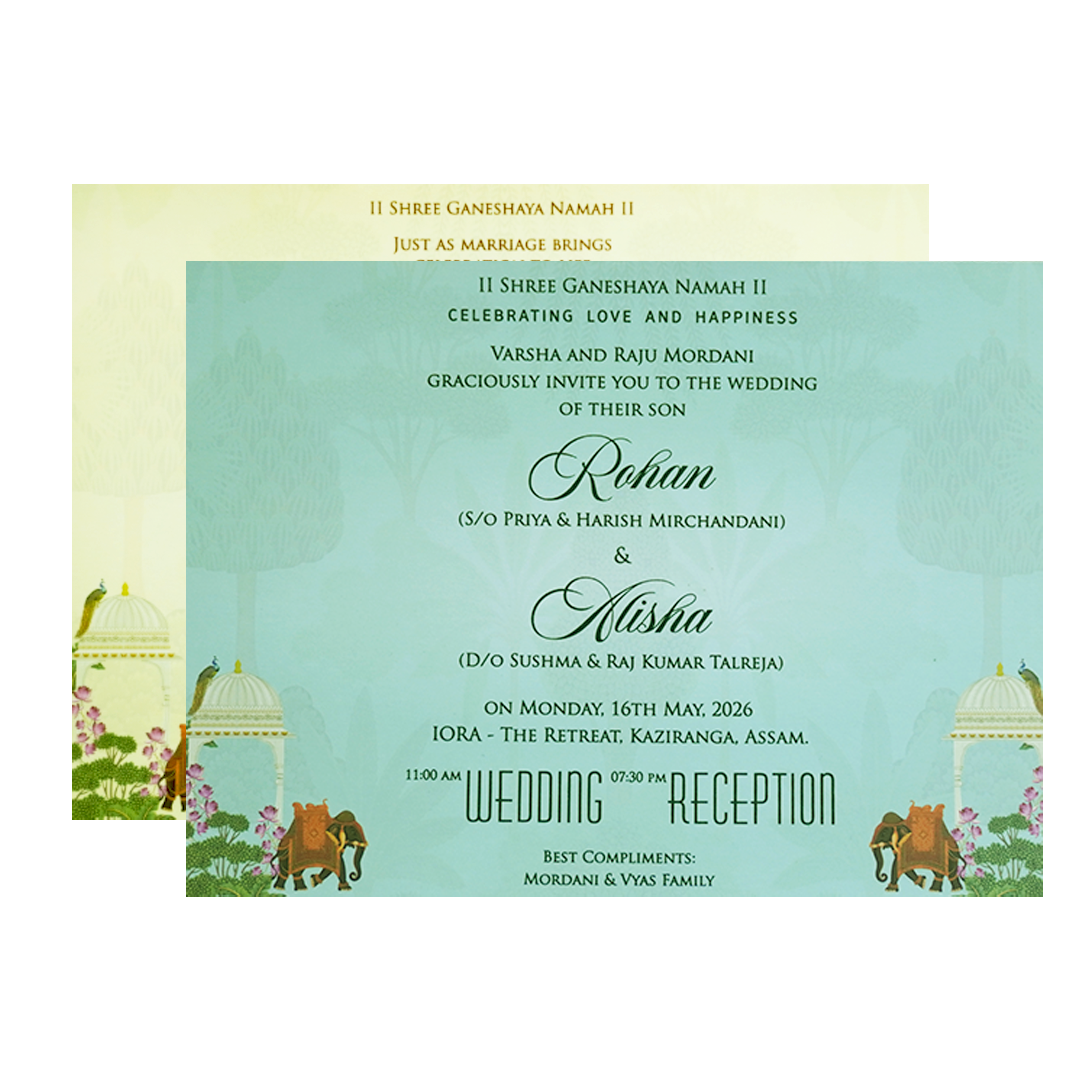 Pastel Green Embossed Elephant Padded Marriage Card - KFR15330