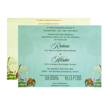 Pastel Green Embossed Elephant Padded Marriage Card - KFR15330