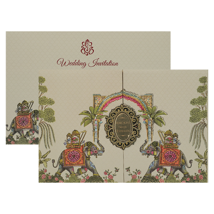 Cream Royal Elephant Arch Wedding Card-KJTS3674