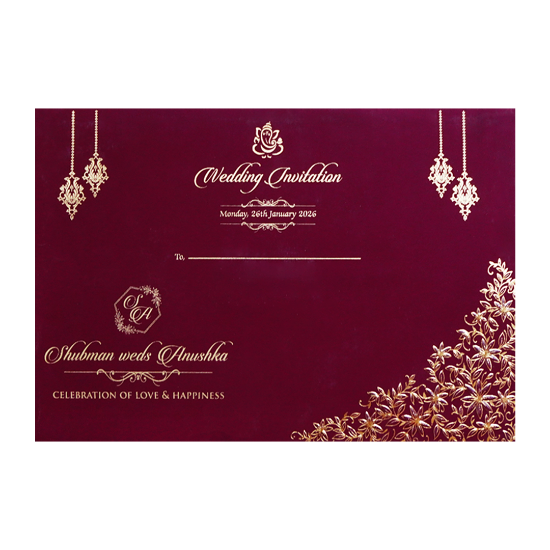 White Padded Wedding Invitation Card with Raised Gold Embossed Design-KRB09801