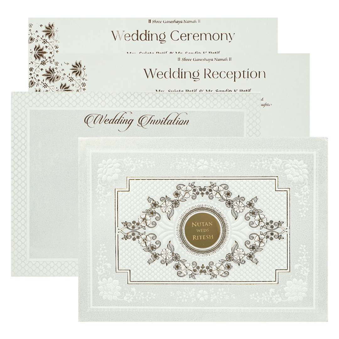 White Embossed Floral Padded Wedding Card-KRE28350