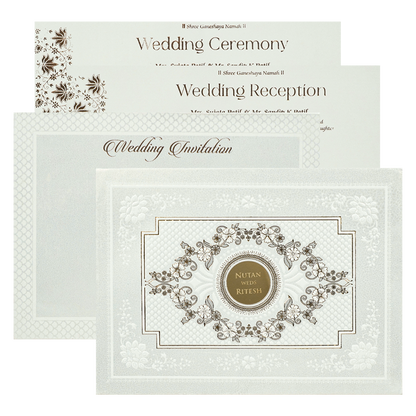 White Embossed Floral Padded Wedding Card-KRE28350