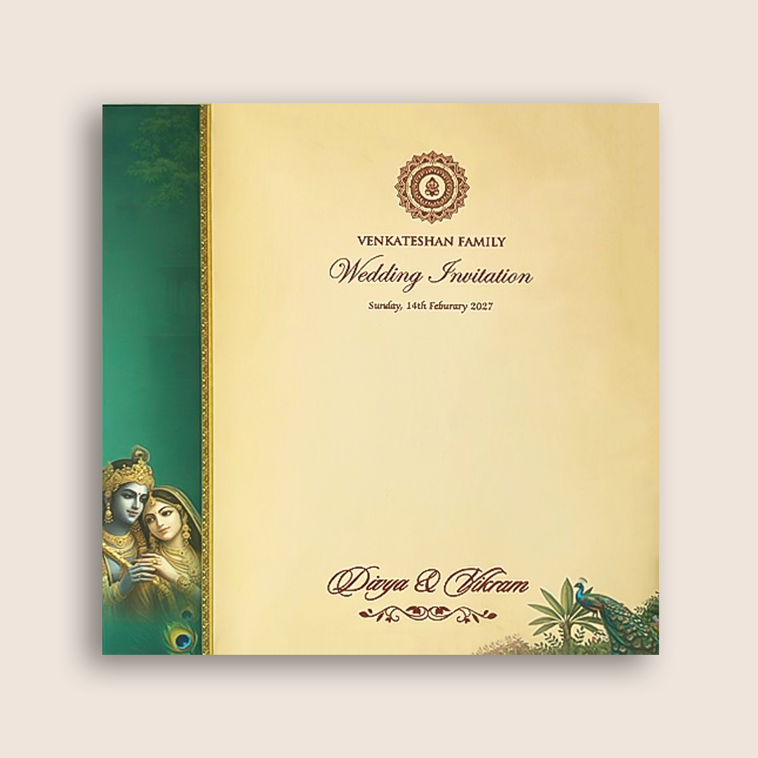 Green Padded Radha Krishna Wedding Card - KNAM4904