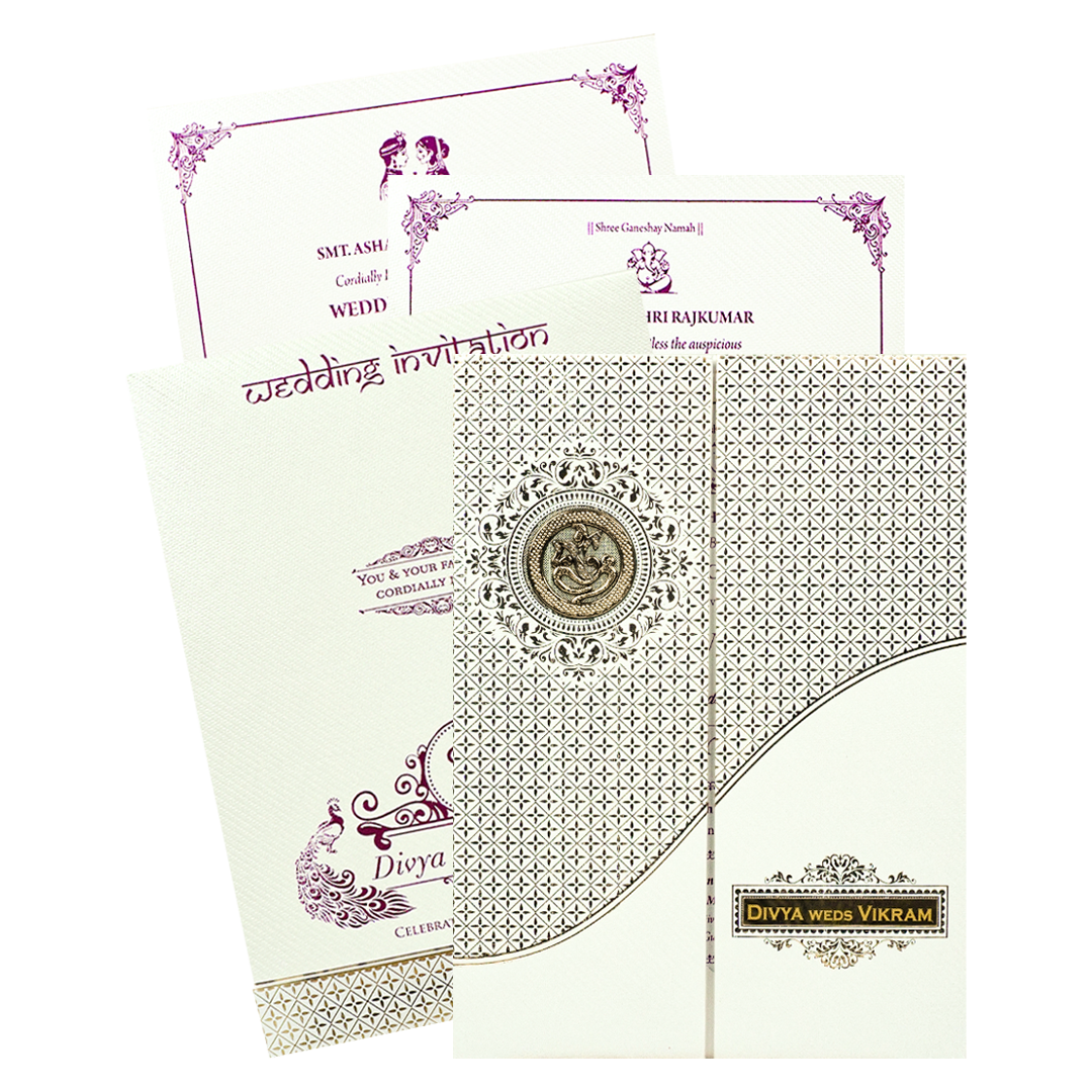 White Gold Floral Padded Wedding Card-KNSW8606