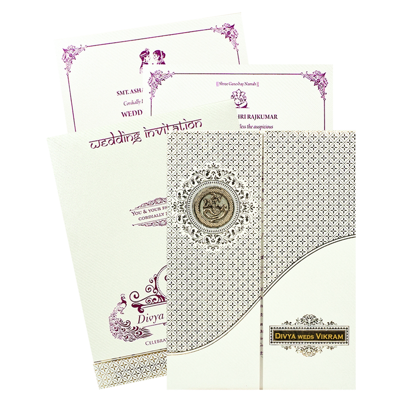 White Gold Floral Padded Wedding Card-KNSW8606