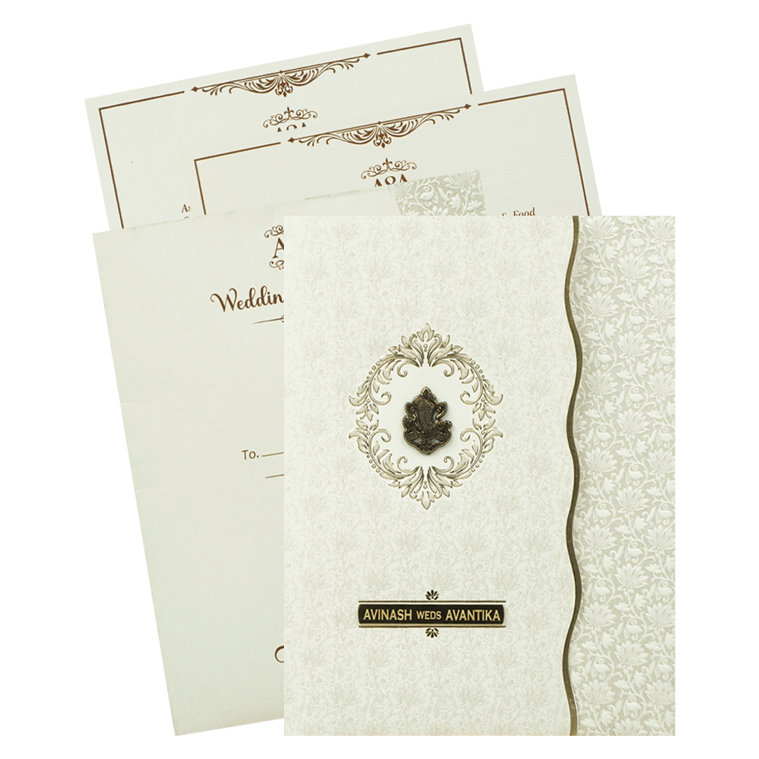 White Gold Ganesha Wedding Card-KSI64800