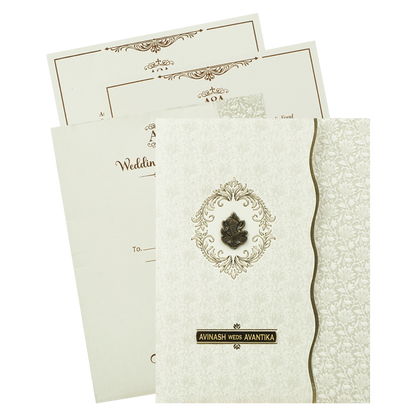 White Gold Ganesha Wedding Card-KSI64800