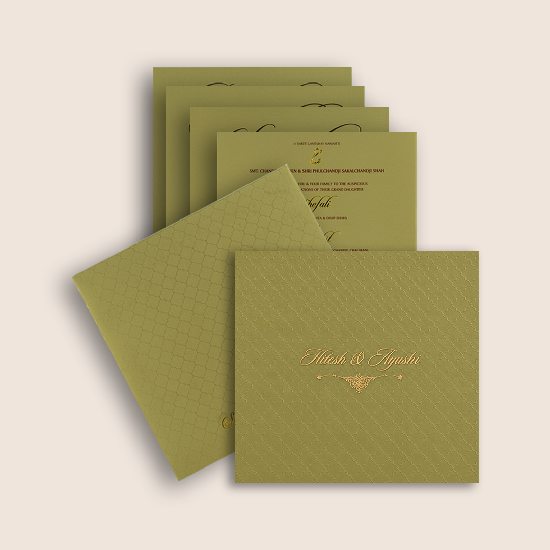 Olive Green Embossed Lattice Padded Wedding Card - KPR020110
