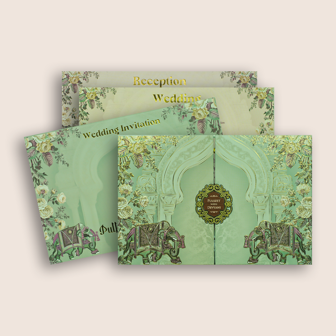 Teal Green Elephant Door Style Padded Wedding Card - KJTS1830