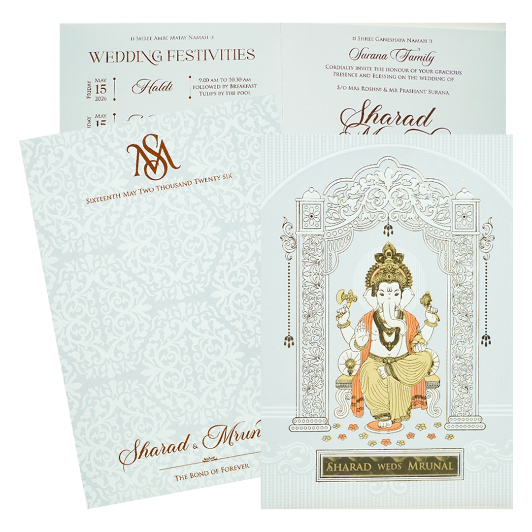 White Ganesha Arch Wedding card-KRE28630