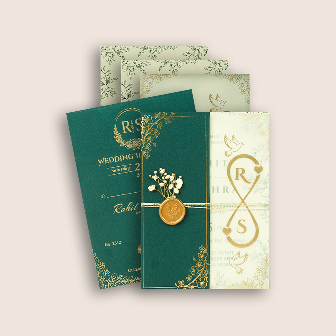 Teal Green Floral Wax Seal Invitation Card - KJP25120