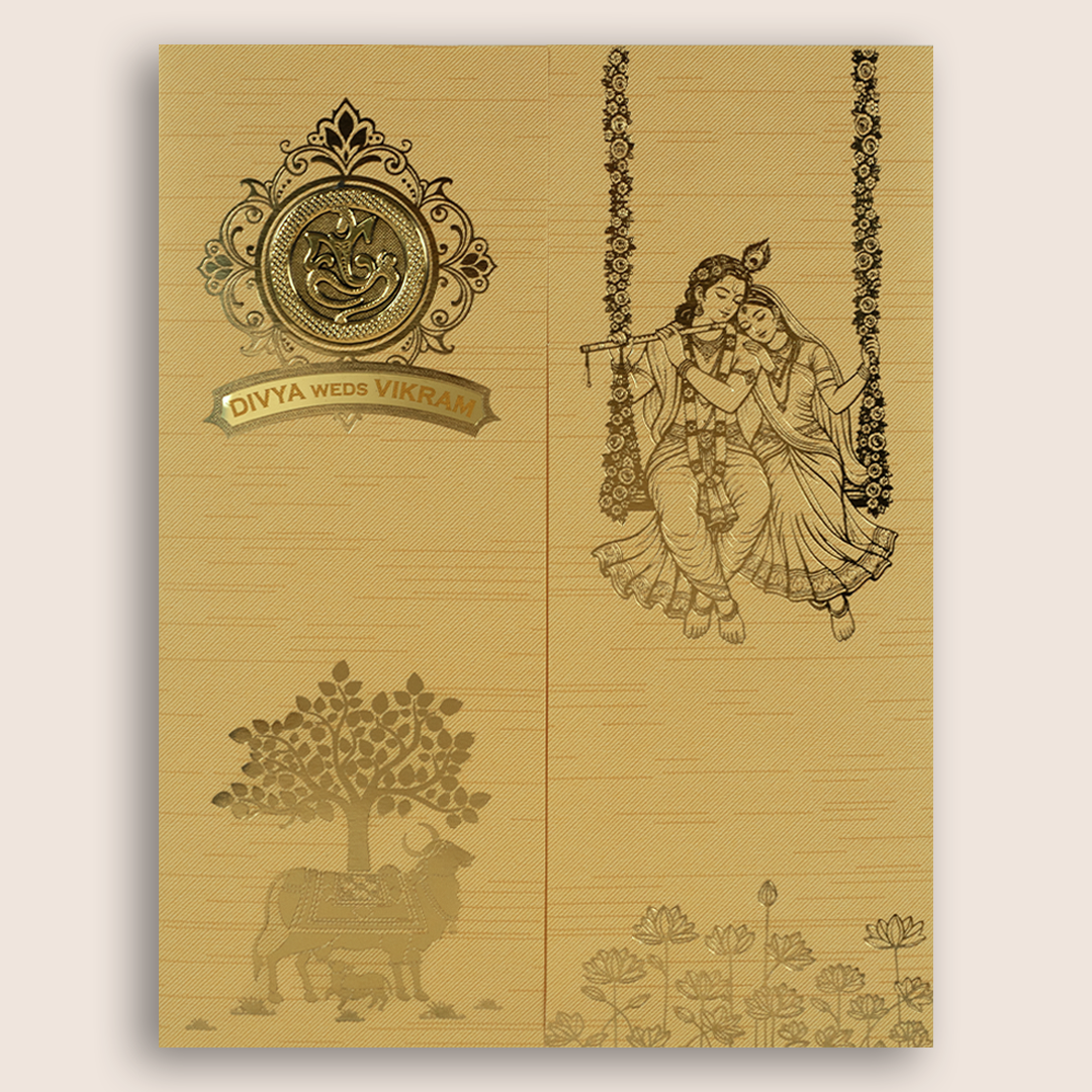 Yellow Lord Radha Krishna Floral Door Style Wedding Card - KNKR5038G