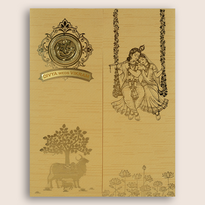 Yellow Lord Radha Krishna Floral Door Style Wedding Card - KNKR5038G