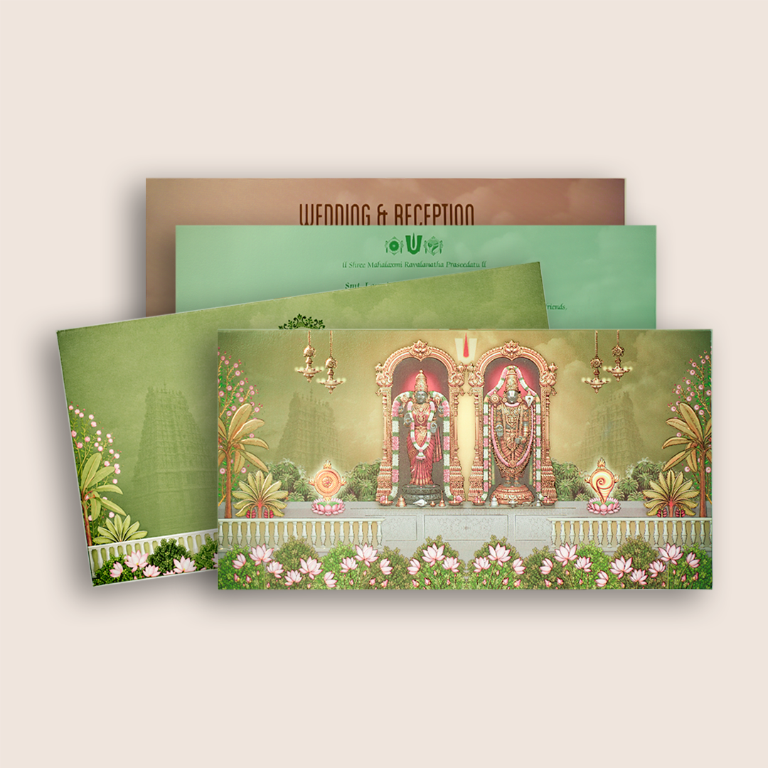 Green Embossed Lord Balaji Padmavati Marriage Card - KVN08050
