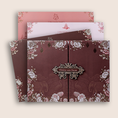 Brown Padded Floral Door Style Invitation Card - KVN07890