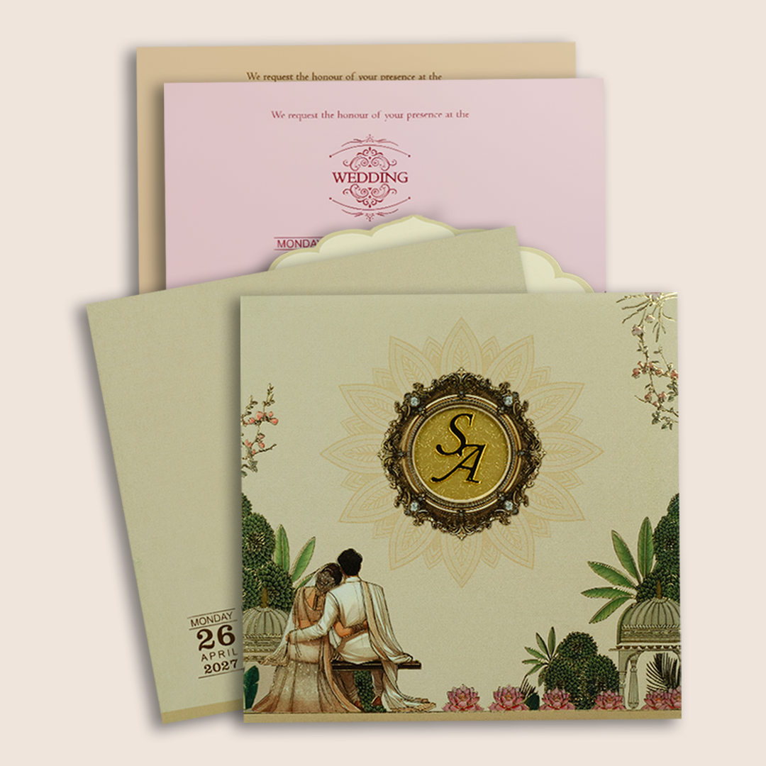 Cream Embossed Bride Groom Floral Padded Invitation Card - KPR026040