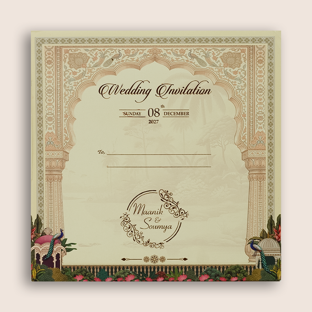 Green Floral Laser Cut Padded Wedding Card - KSH18640