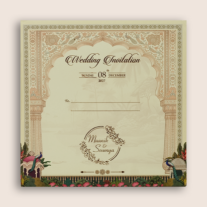 Green Floral Laser Cut Padded Wedding Card - KSH18640