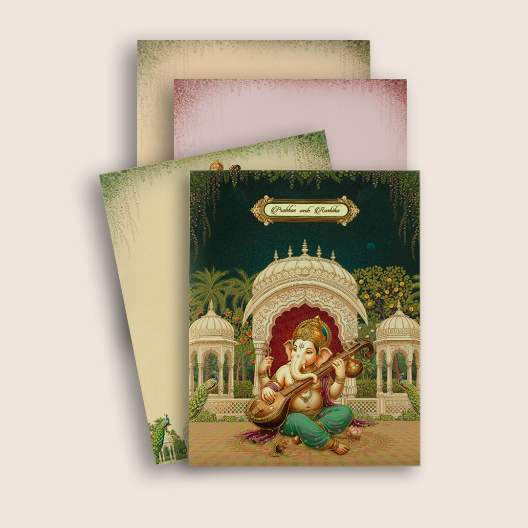 Green Lord Ganesha Floral Padded Wedding Card - KAA05560