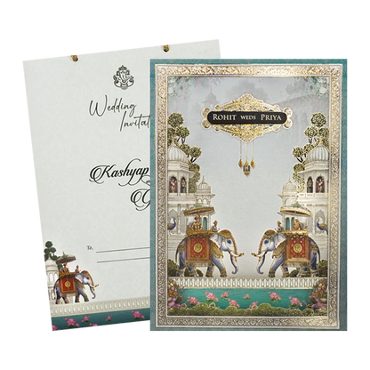 White Royal Elephant Padded Wedding Card-KSH72260