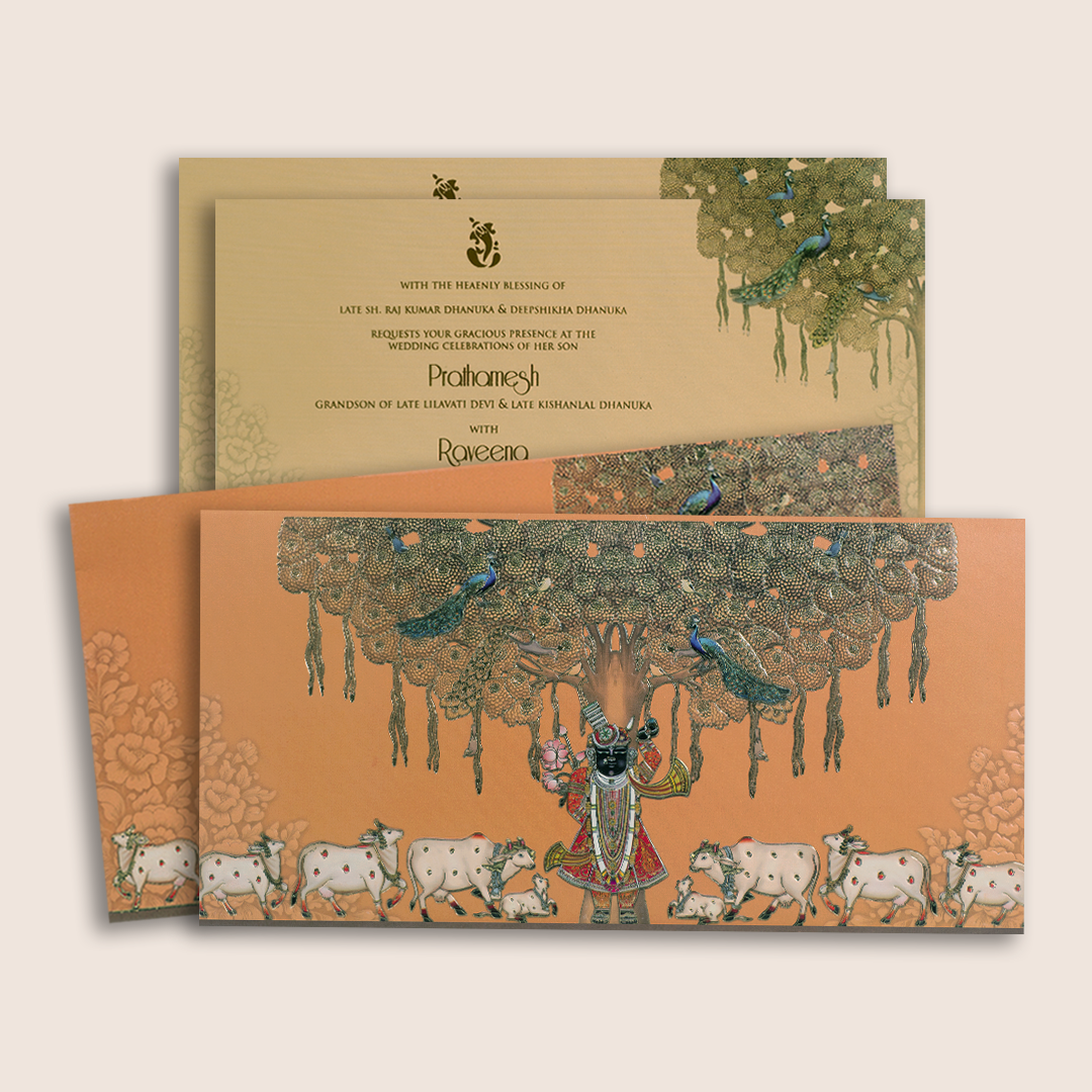 Orange Embossed Lord Shrinathji Invitation Card - KPR06460