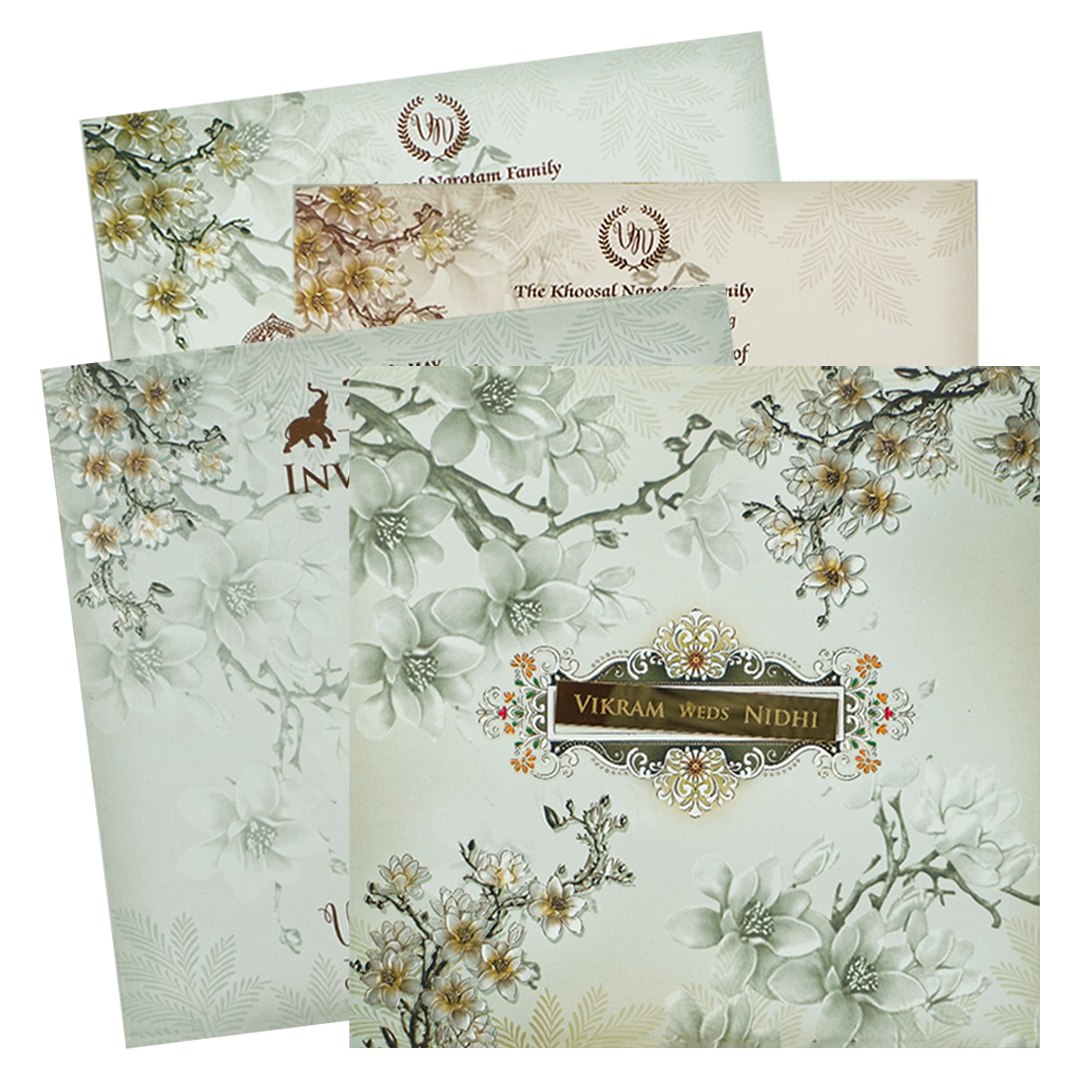 Green White Floral Padded Wedding Card-KRE26570