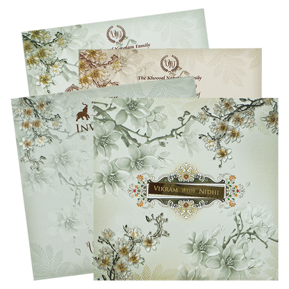 Green White Floral Padded Wedding Card-KRE26570