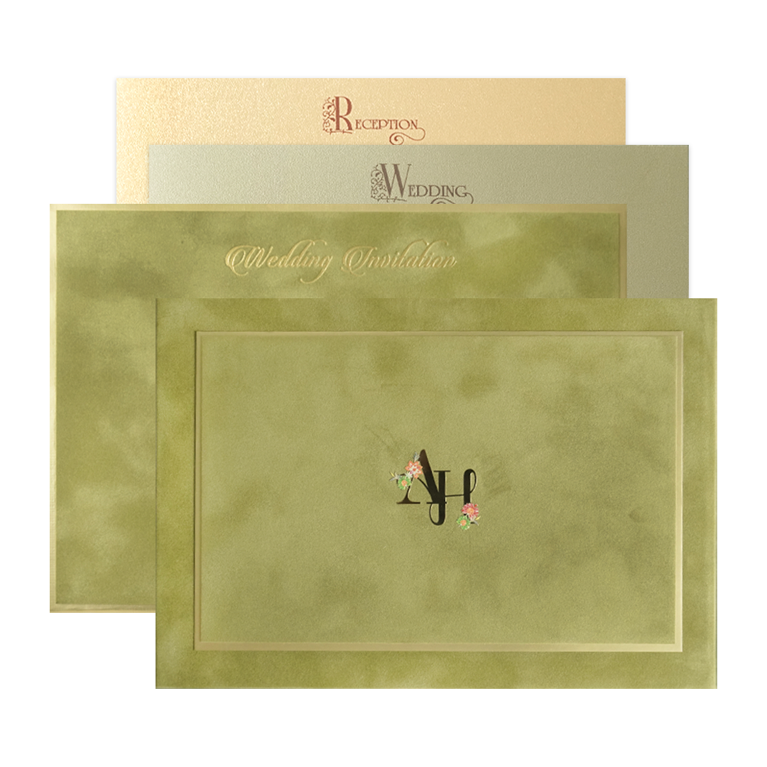 Olive Green Initials Padded Wedding Card-KMMWD1161