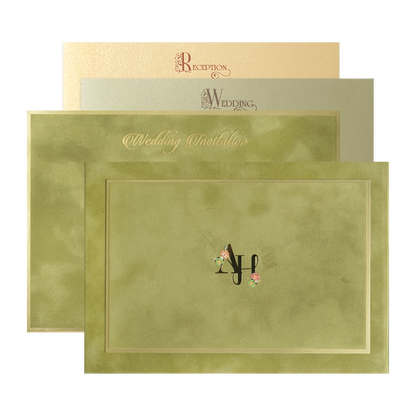 Olive Green Initials Padded Wedding Card-KMMWD1161